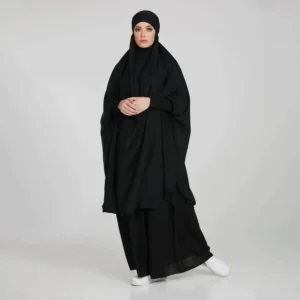 Premium Two Piece Knee Length Jilbab Khimar and Skirt Black with Noise Piece