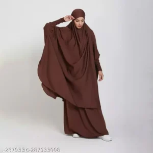 Premium Two Piece Knee Length Jilbab Khimar and Skirt Coffee Brown with Noise Piece