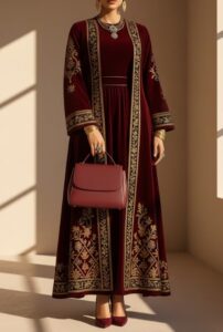 Velvet Embroidered Pattern Abaya Maxi Tank Dresses 2pcs Set