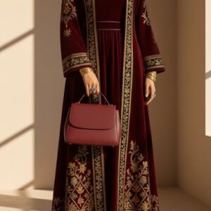 Velvet Embroidered Pattern Abaya Maxi Tank Dresses 2pcs Set
