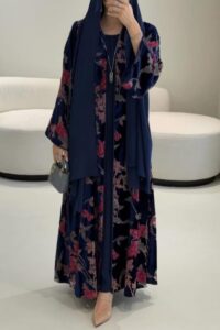 Floral Print Long Sleeve Abaya Maxi Tank Dresses Velvet 2pcs Set