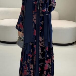 Floral Print Long Sleeve Abaya Maxi Tank Dresses Velvet 2pcs Set