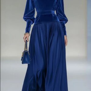 Velvet Patchwork Lantern Sleeve Pleated Hem Party Maxi Dresses