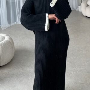 Knitted Contrast Trim Round Neck Long Sleeve Maxi Dresses