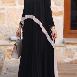 Contrast Trim Patchwork Round Neck Long Sleeve Maxi Dresses