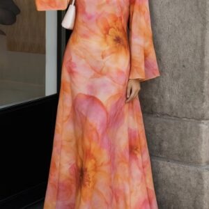 Gradient Color Flower Print Round Neck Long Sleeve Maxi Dresses