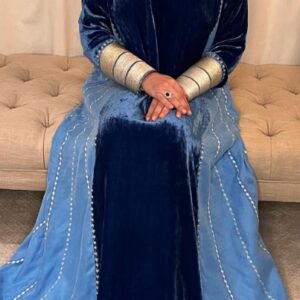 Notch Neck Embroidery Trim Velvet Two-Tone Maxi Dresses Kaftan-Blue