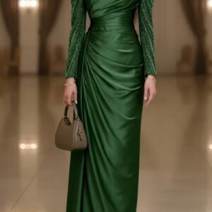 Beaded Tubes Embroidered Long Sleeve Party Ruched Maxi Dresses