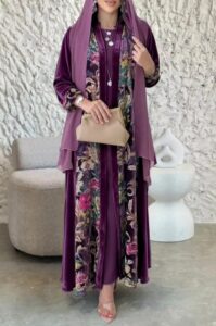 Round Neck Maxi Dresses Velvet Floral Print Abaya 3pcs Set