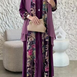 Round Neck Maxi Dresses Velvet Floral Print Abaya 3pcs Set