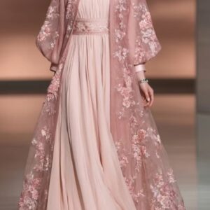 Floral Embroidered Sheer Abaya Maxi Tank Dresses 2pcs Set-Pink