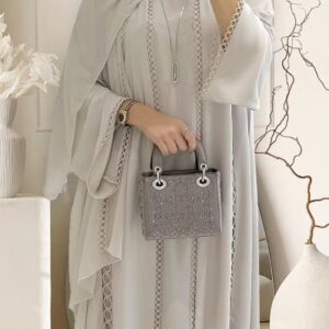 Crochet Long Sleeve Cardigan Maxi Dresses Plain Abaya Matching Set